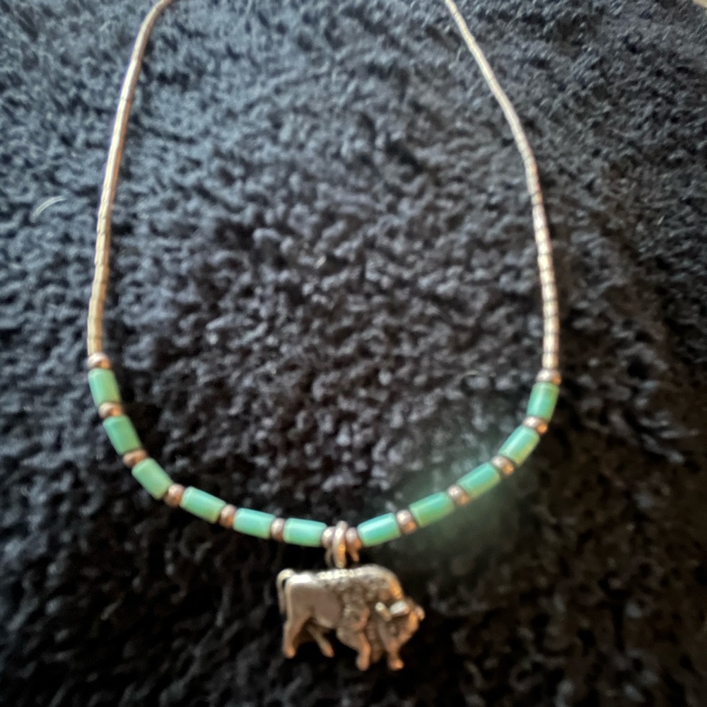 Navajo, Sterling silver, Turquoise necklace with Buffalo Charm